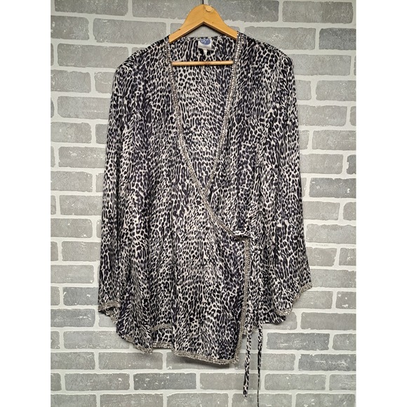 Diane Gilman Womens Vintage 90s Leopard Print Silk Wrap Sequin‎ Top Size 3X - Picture 1 of 15